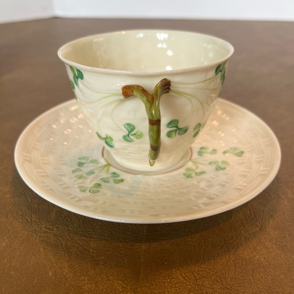 Antique Belleek Shamrock Cup and Saucer Set, Timeless Shamrock Pattern - Picture 2 of 12